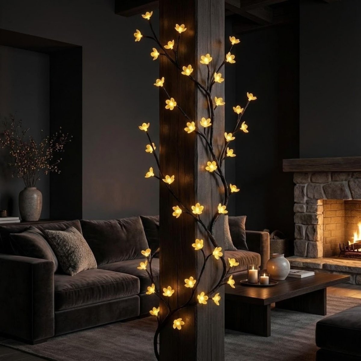 Warm white LED branch-style string lights wrapped around a dark wooden pillar in a cozy living room with a sofa and fireplace.