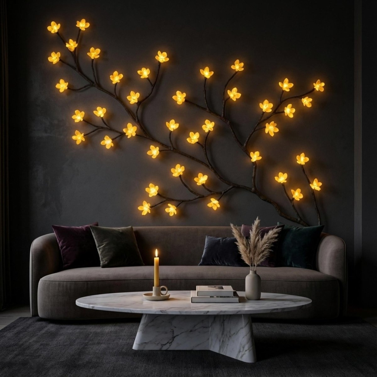 A dark wall-mounted branch-shaped light fixture with glowing yellow flower bulbs, displayed above a gray sofa in a modern living room setting.