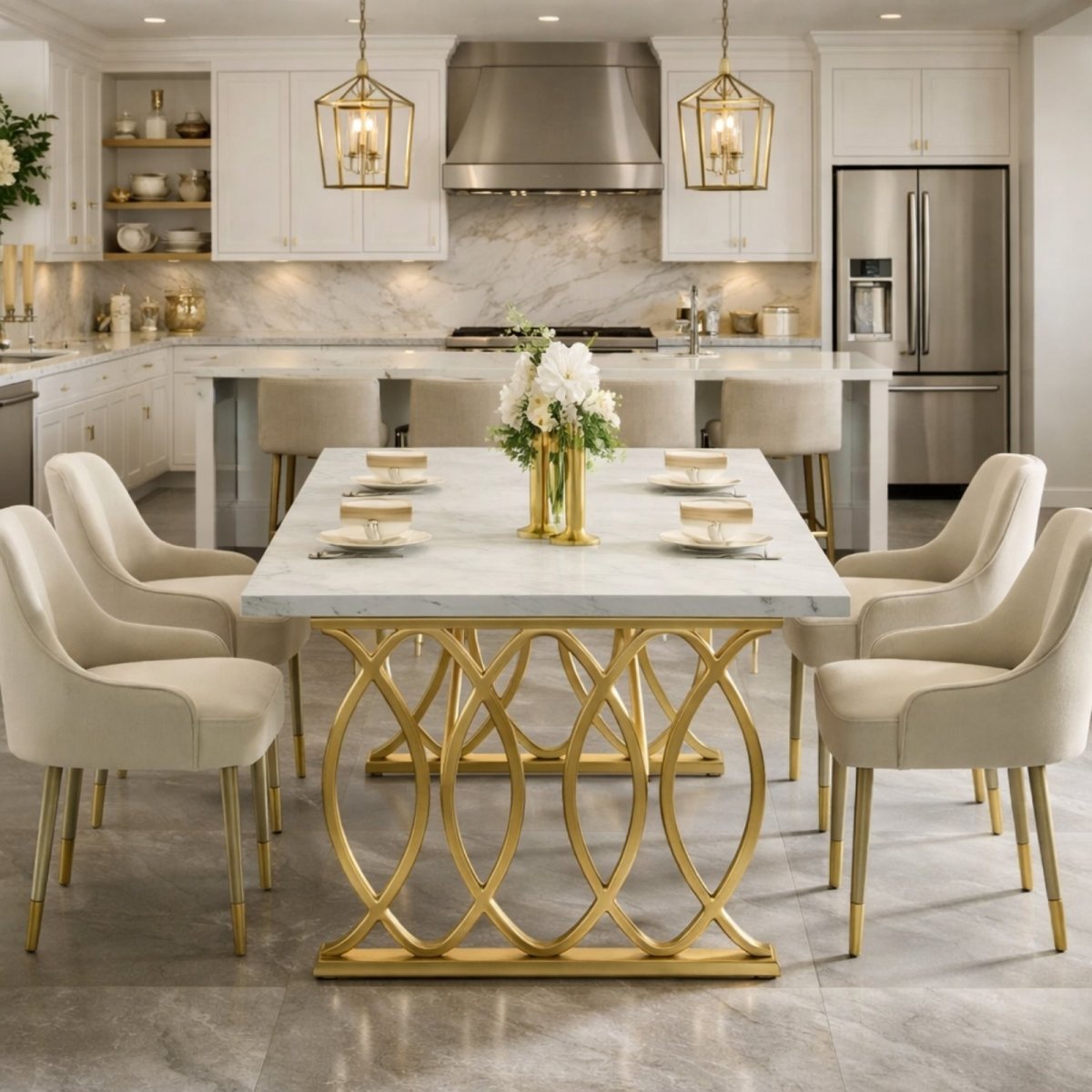 Aurelia Estate Dining Table | Marble-Finish & Gold Geometric Base