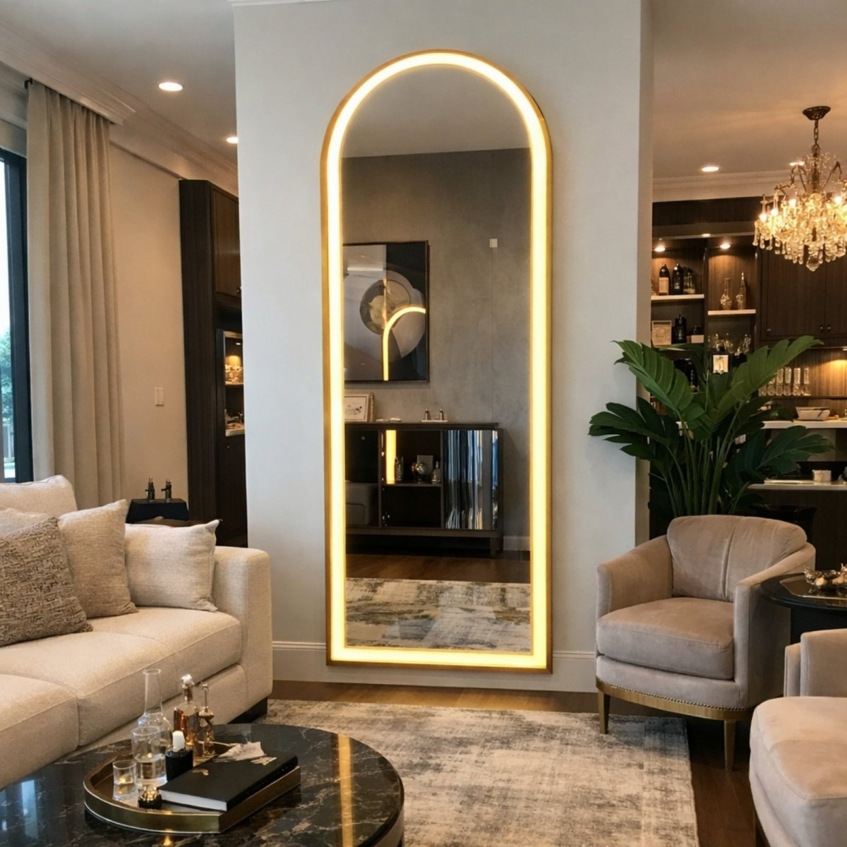 Kouvr full length arched mirror with warm LED backlighting standing in a luxury modern living room.