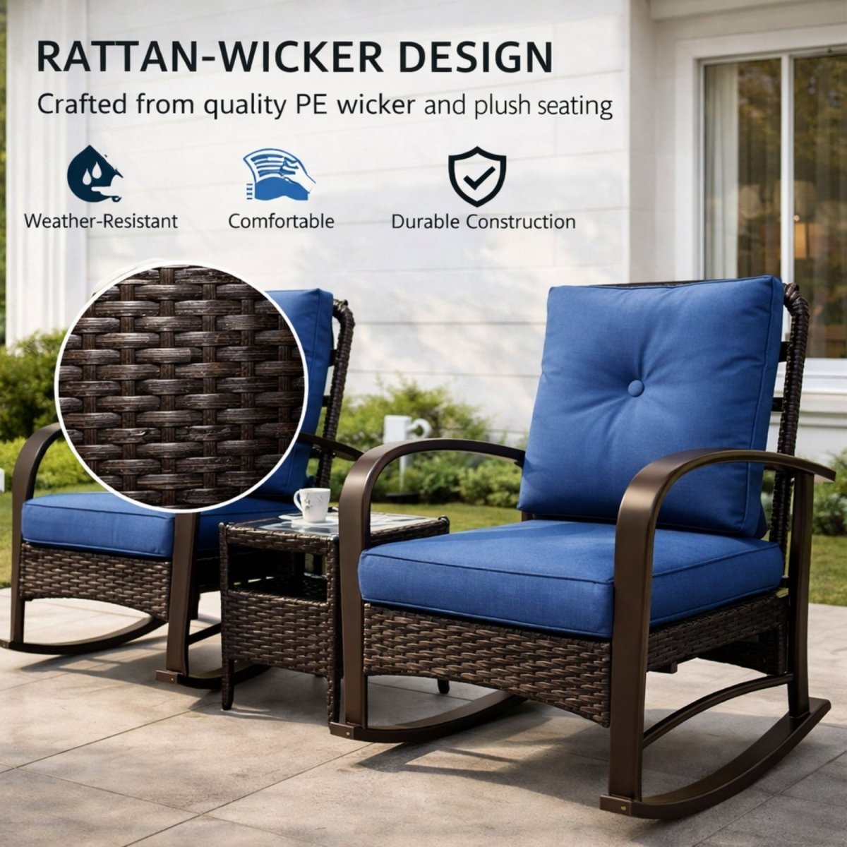 Harbor Monterey Retreat Set | All-Weather Wicker Rocking Chairs & Glass-Top Table