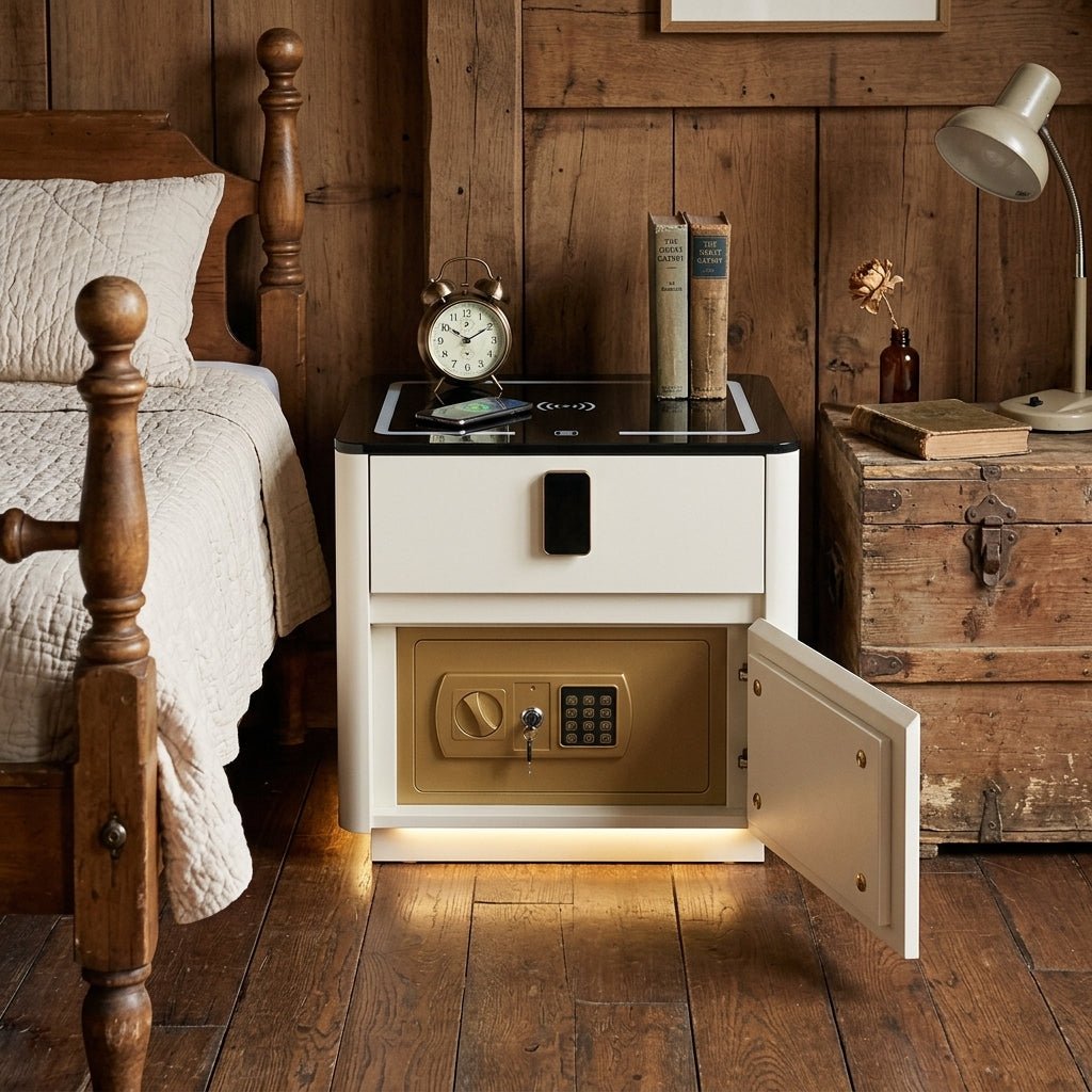 Aegis Smart Nightstand | Integrated Safe & Wireless Charging Hub - vintage rustic home