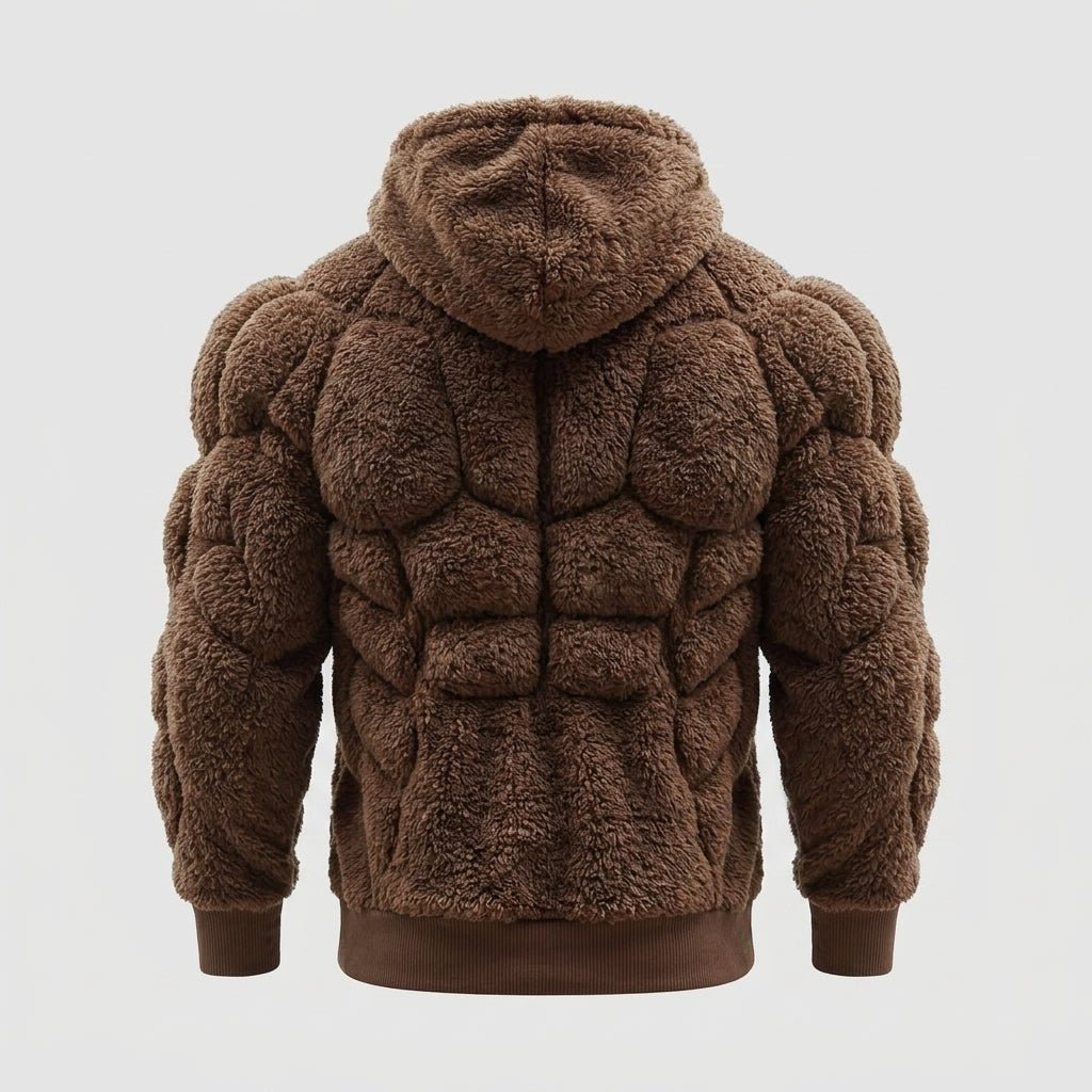 Men's sherpa muscle hoodie with padded six-pack details by Kouvr.