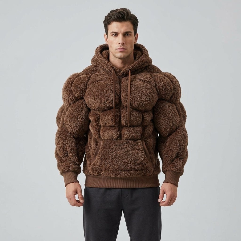 Kouvr Titan Sherpa Muscle Hoodie featuring a padded six-pack design and fleece fabric.