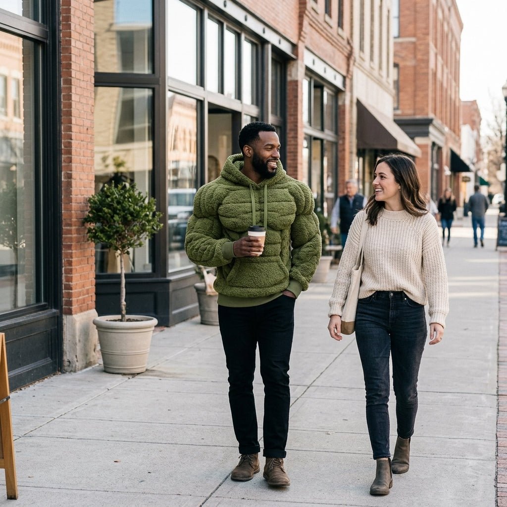 sweater - green - two models downtown