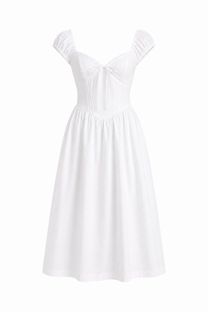 A white off-the-shoulder midi dress with a sweetheart neckline, gathered bodice, and flared skirt, shown against a plain white background.