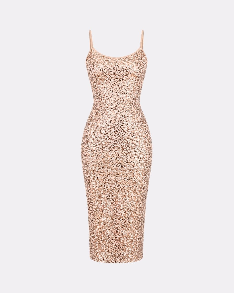 A rose gold sequined spaghetti-strap midi dress displayed on a ghost mannequin against a light gray background.