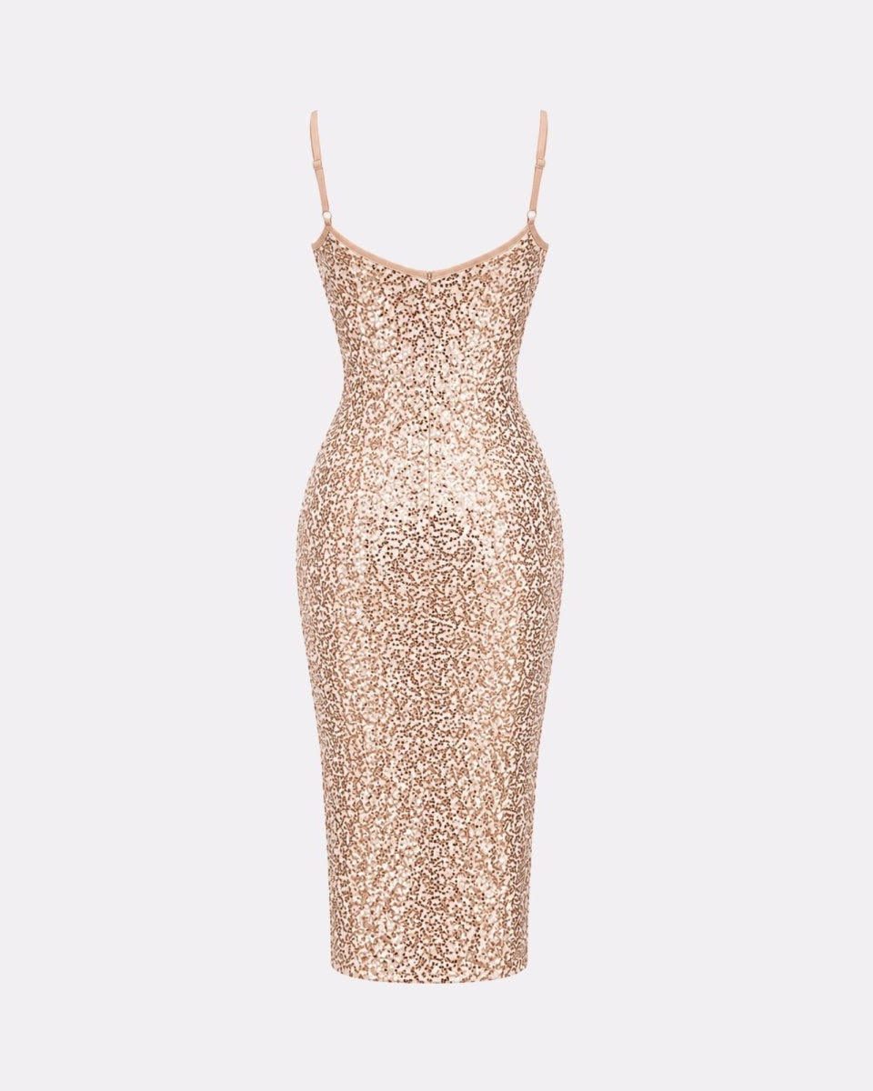 A rose gold sequined spaghetti-strap midi dress displayed on a ghost mannequin against a light gray background.