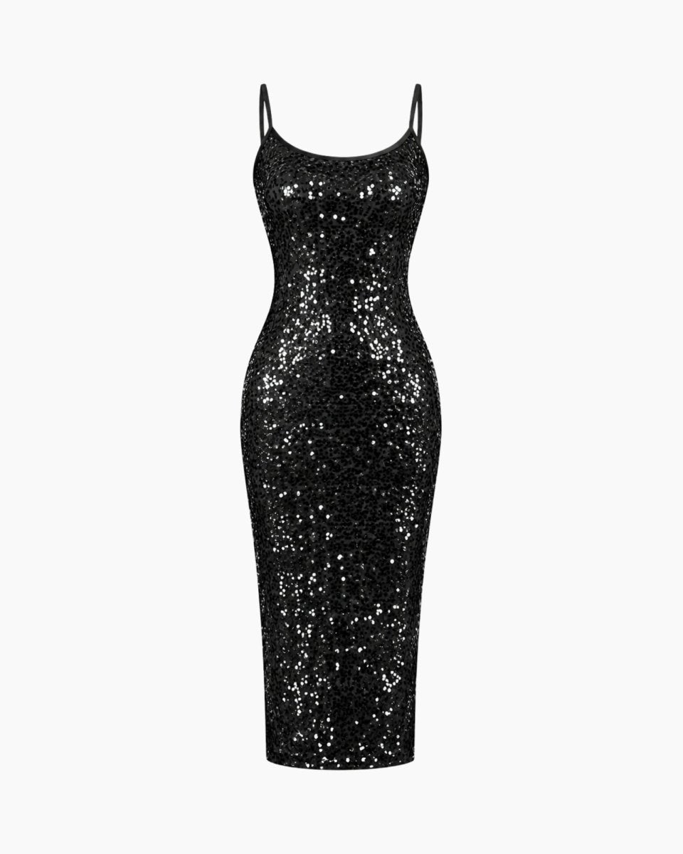 A black sequined spaghetti-strap midi dress with a fitted silhouette, shown against a plain white background.