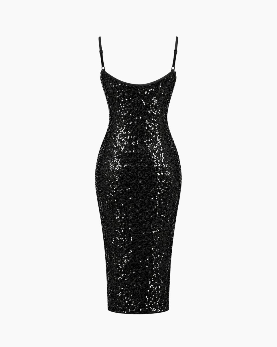 A black sequined spaghetti-strap midi dress with a scoop neckline, shown against a plain white background.