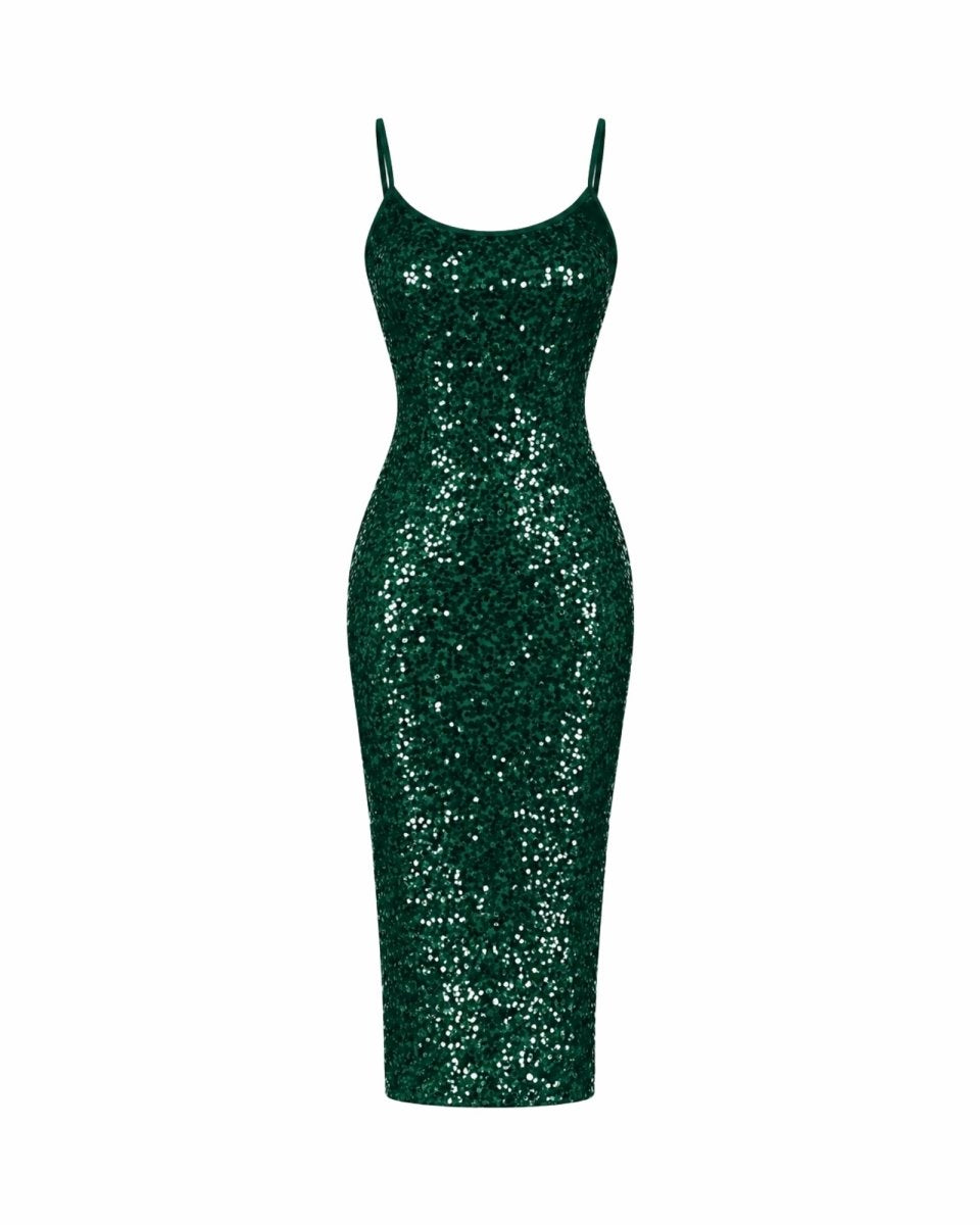 A dark green sequined spaghetti-strap midi dress displayed on a ghost mannequin against a plain white background.