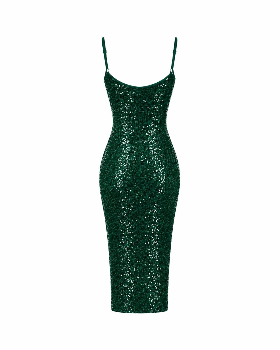 A dark green sequined spaghetti-strap midi dress displayed on a clean white background.
