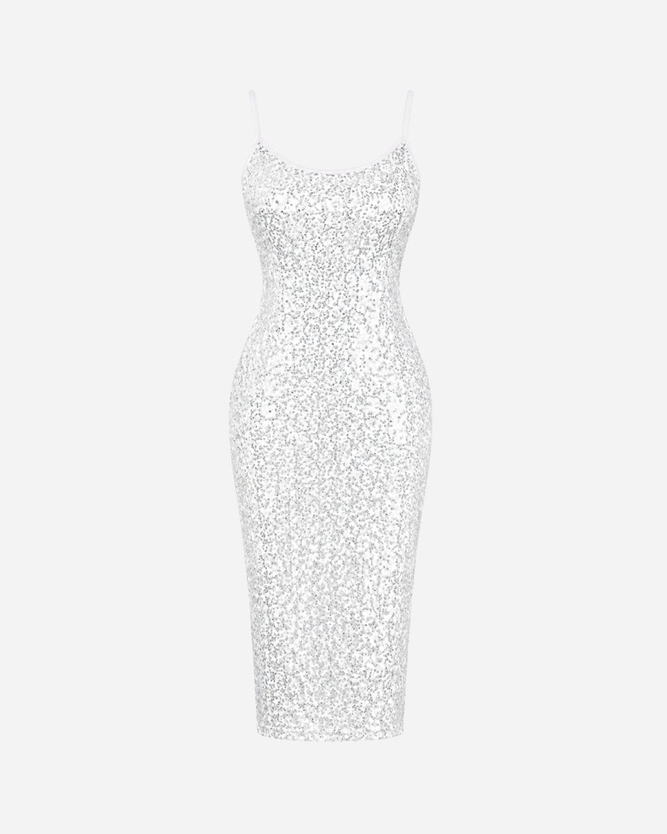 A sleeveless, bodycon midi dress covered in shimmering silver sequins, featuring thin spaghetti straps, shown against a plain light gray background.