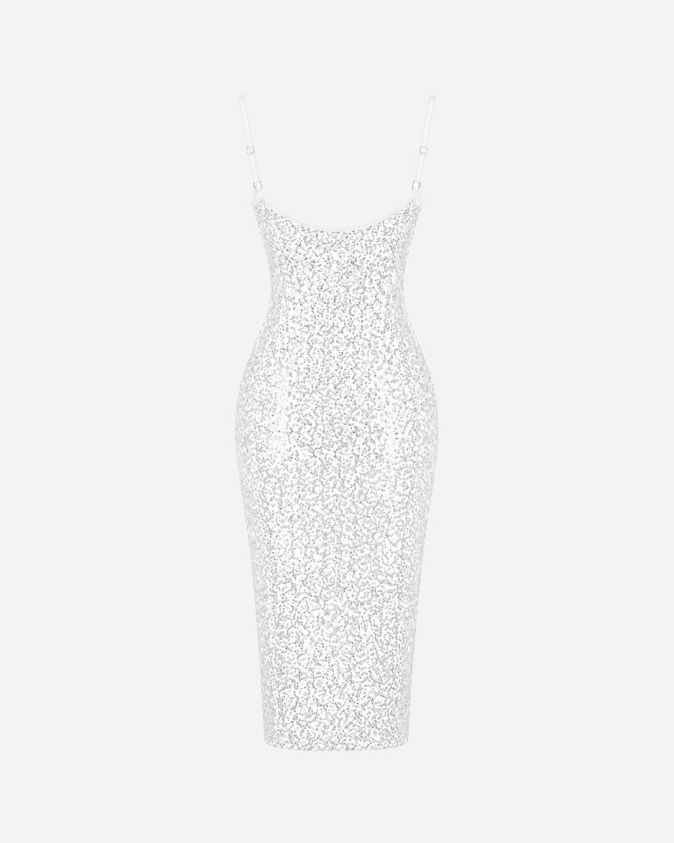 A silver sequined spaghetti-strap midi dress displayed on a ghost mannequin against a light gray background.