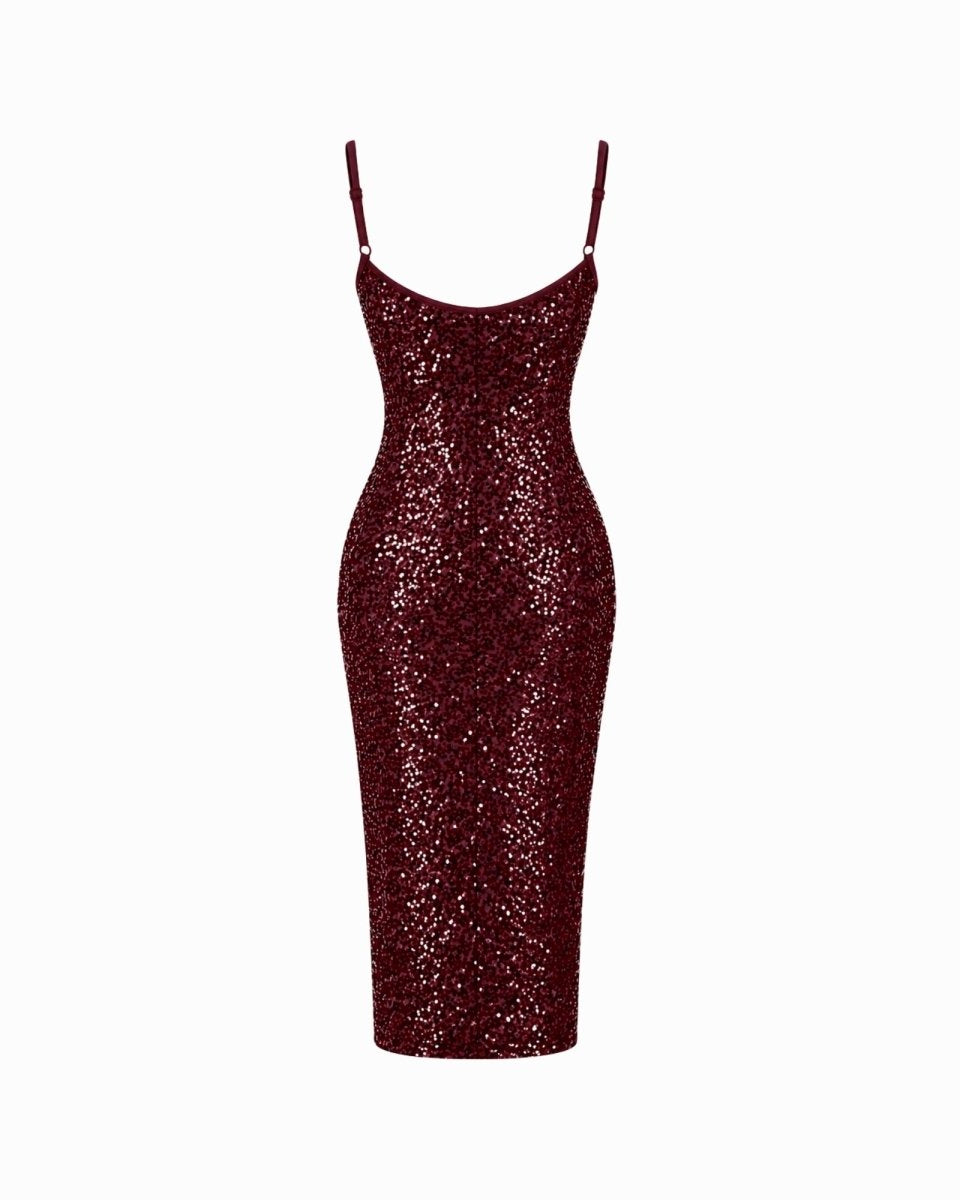 A dark red sequined spaghetti-strap midi dress displayed on a clean white background.