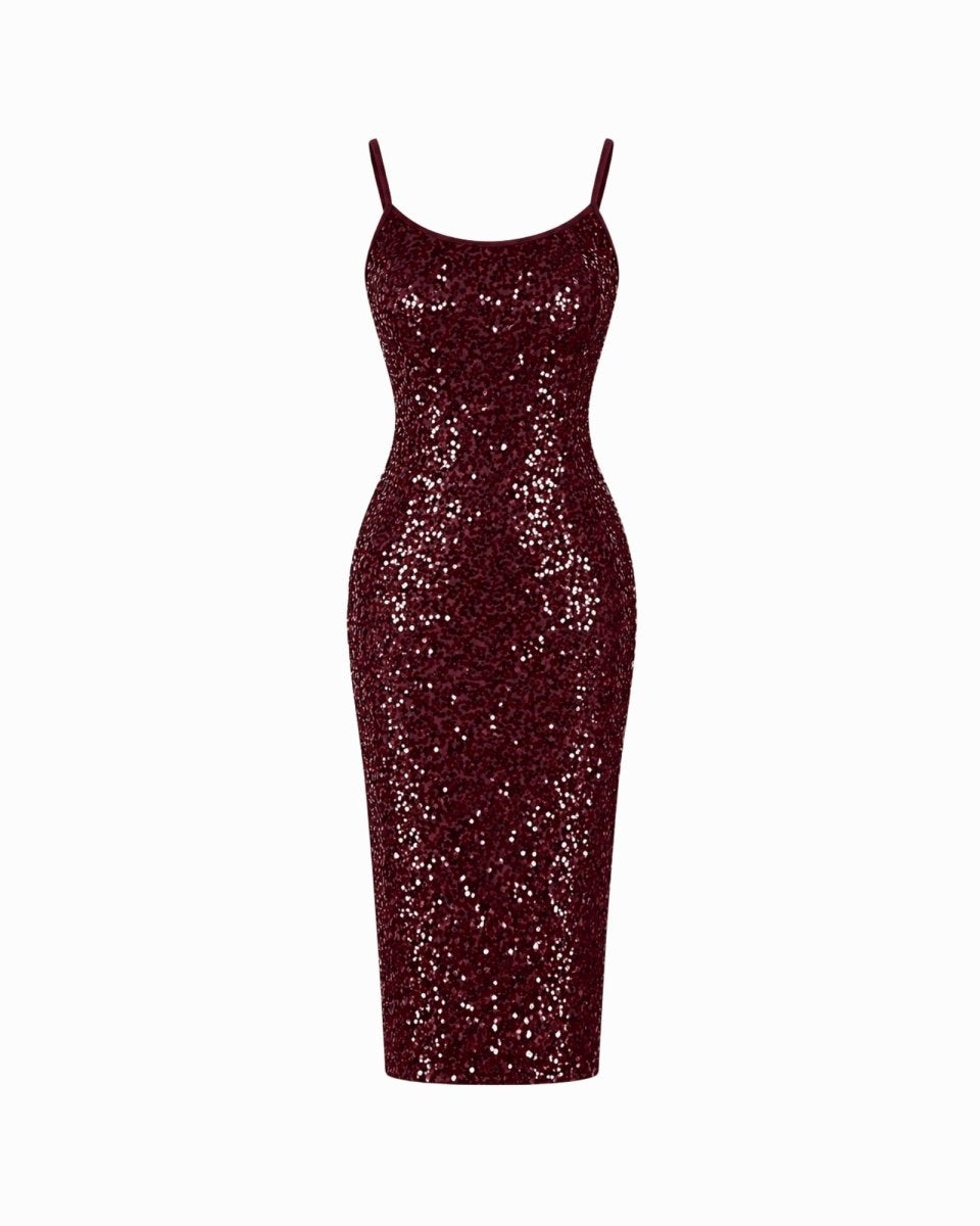 A sleeveless, bodycon midi dress covered in dark burgundy sequins, featuring thin spaghetti straps, shown against a plain white background.