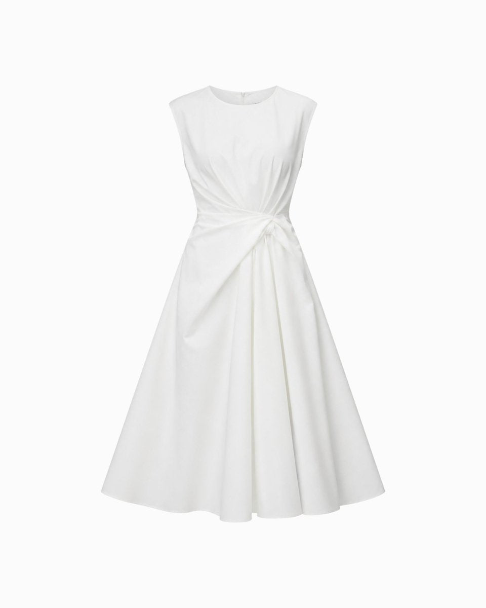 A sleeveless white A-line dress with a gathered waist and twisted detail, shown against a plain white background.