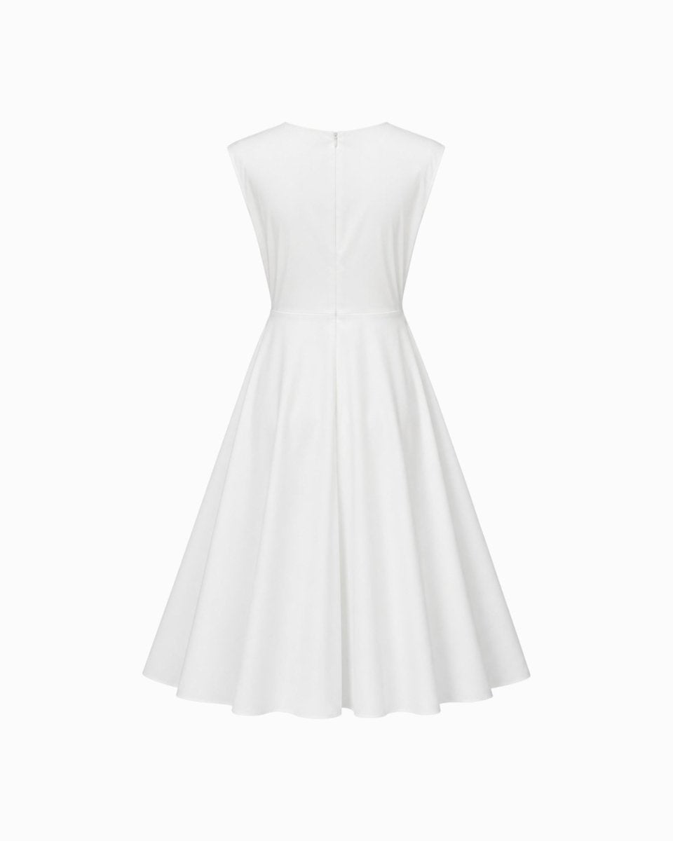 A white sleeveless fit-and-flare dress shown from the back, featuring a structured back with a central zipper and a flared skirt, set against a plain white background.