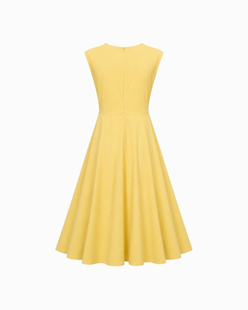 A sleeveless yellow A-line dress with a fitted waist and flared skirt, shown from the back on a plain white background.