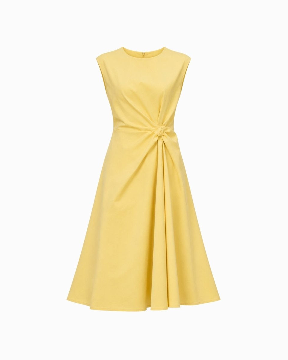 A sleeveless yellow dress with a gathered waist and a flared skirt, shown against a plain white background.