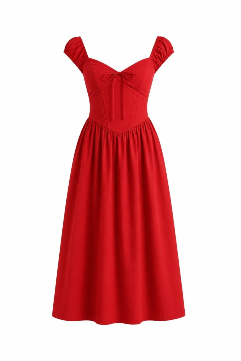 A bright red off-the-shoulder midi dress with a sweetheart neckline, gathered bodice, and flared skirt, shown against a plain white background.