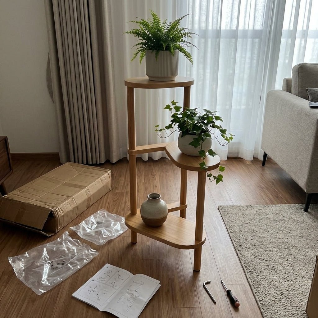 Arbor Display Stand | Mid-Century 3-Tier Solid Wood Plant Shelf - after assembly home