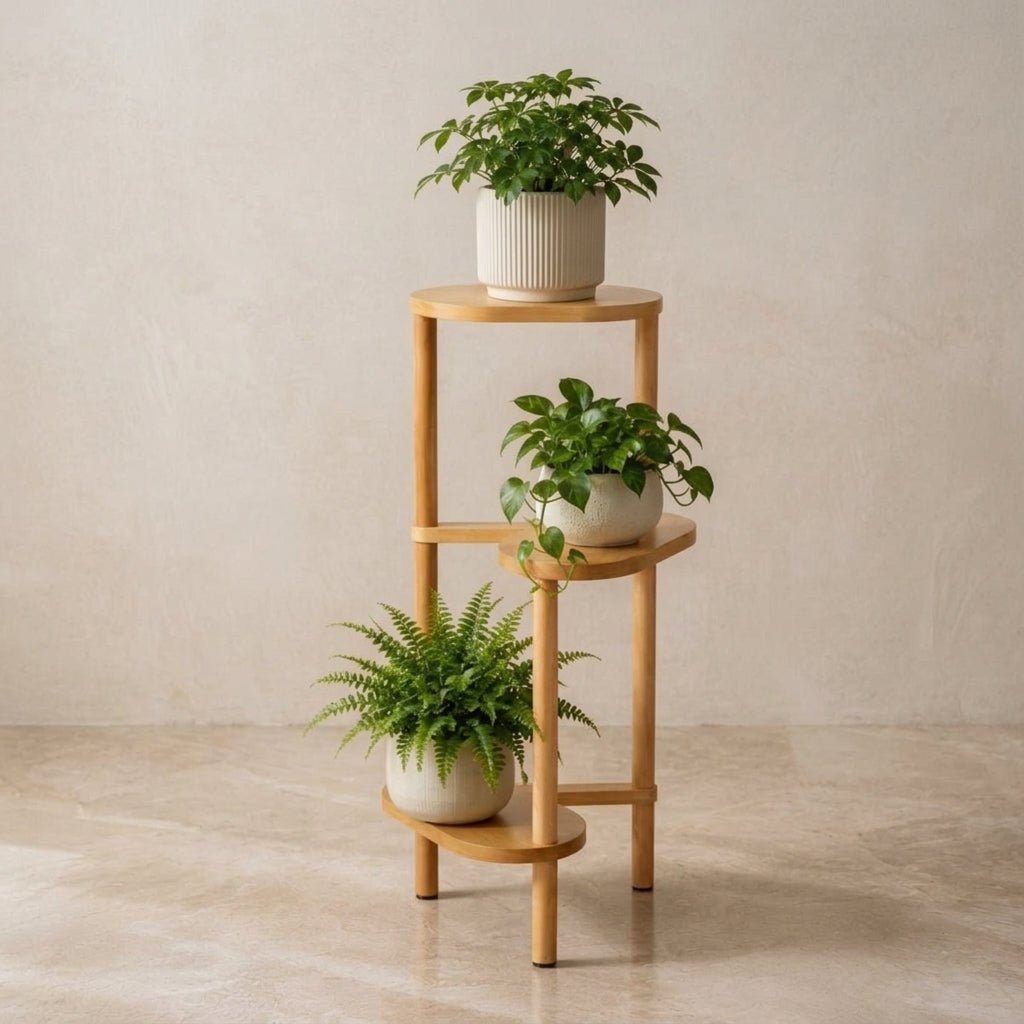 Arbor Display Stand | Mid-Century 3-Tier Solid Wood Plant Shelf - full view