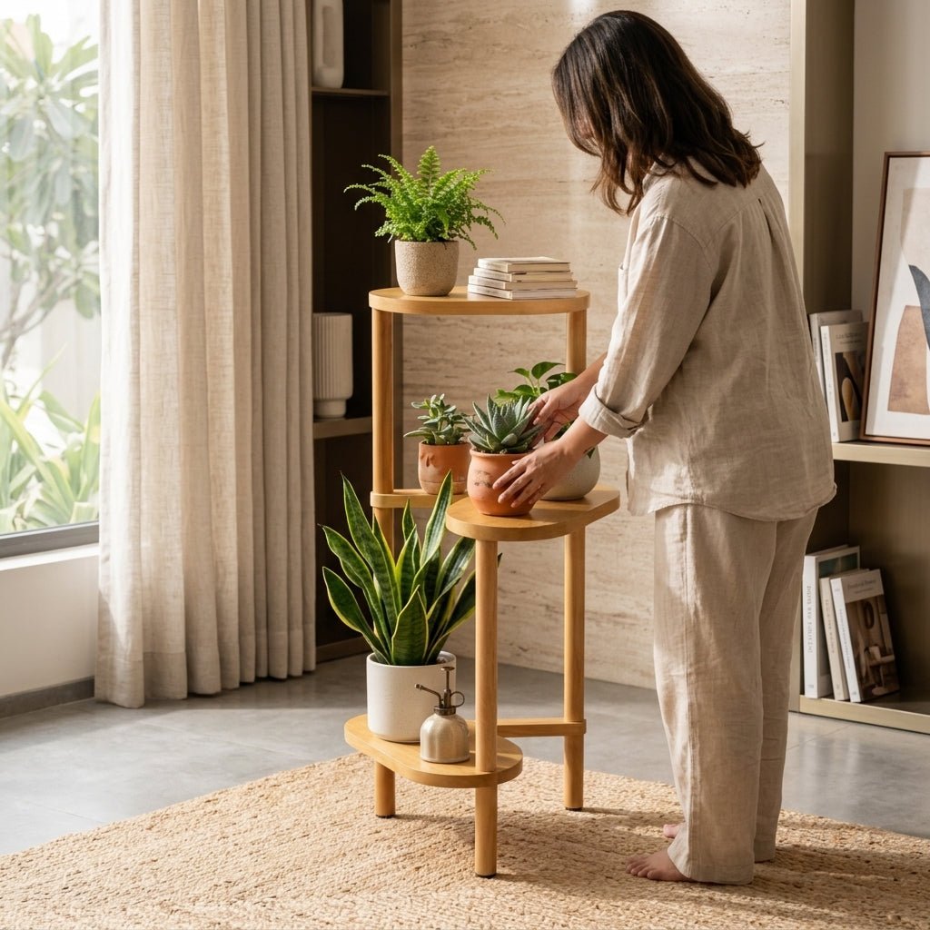 Arbor Display Stand | Mid-Century 3-Tier Solid Wood Plant Shelf - in use