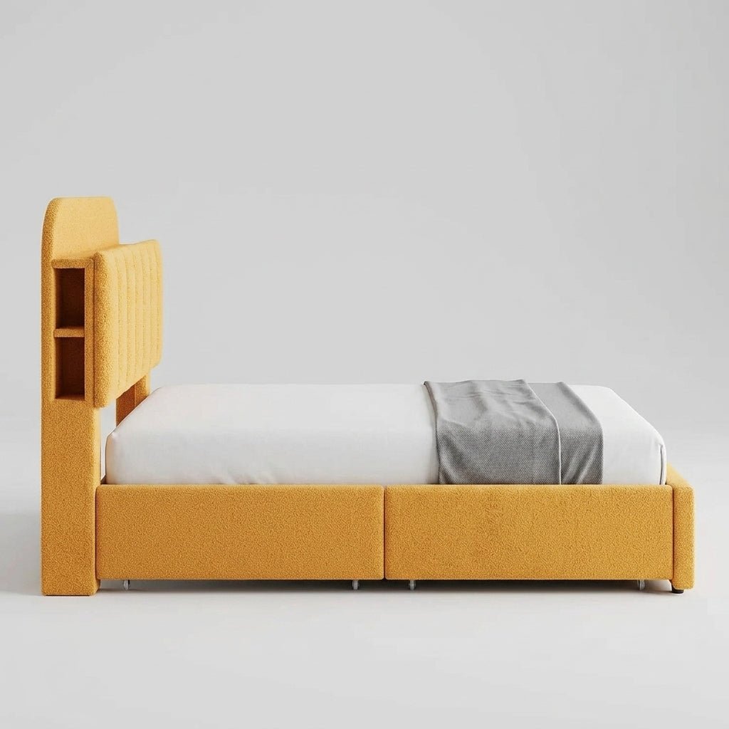 Twin Bed Frame with Storage Headboard Kids Bed Frame with 2 Drawers, Boucle Upholstered Platform Bed with Bookcase Easy Assembly - side view