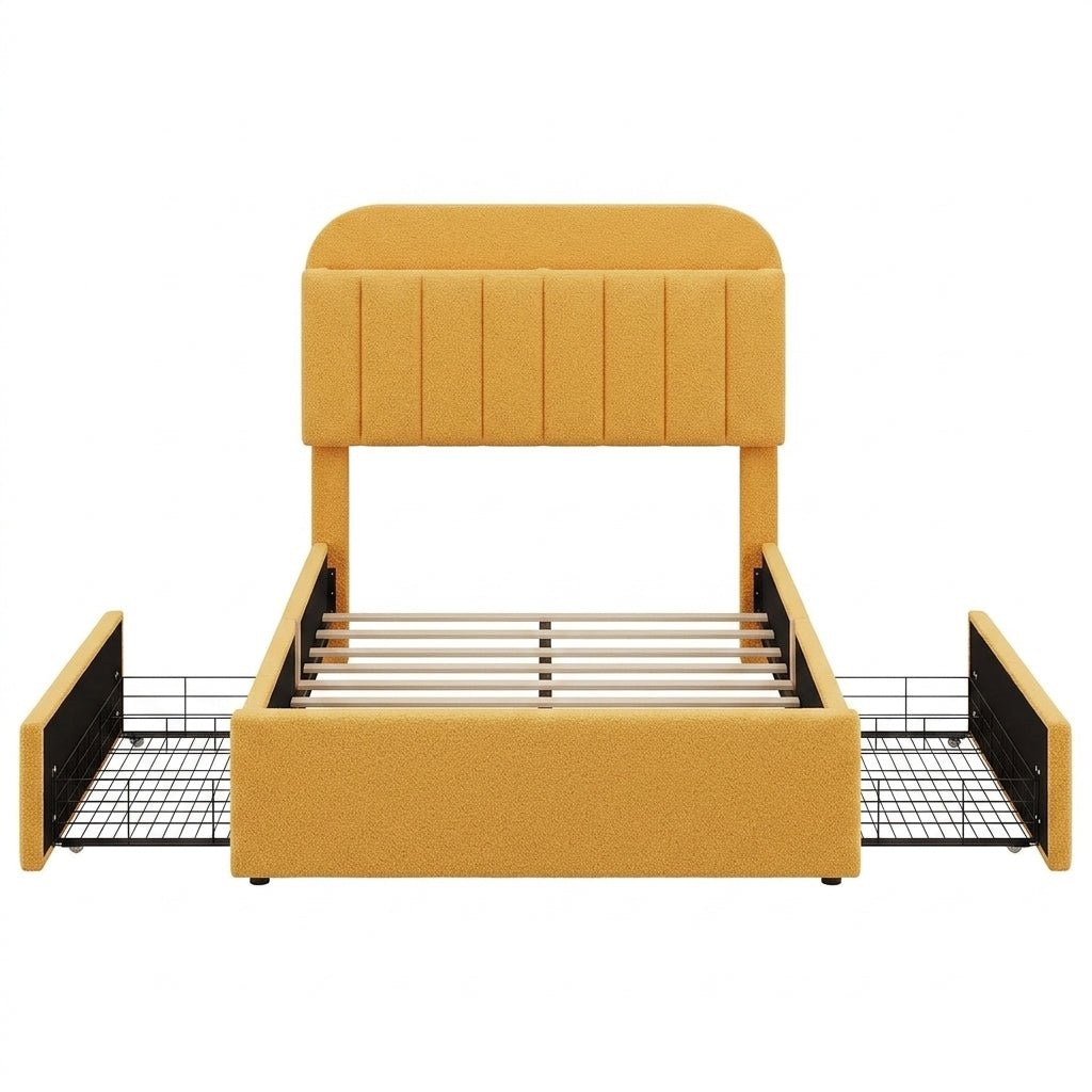 Twin Bed Frame with Storage Headboard Kids Bed Frame with 2 Drawers, Boucle Upholstered Platform Bed with Bookcase Easy Assembly - front view