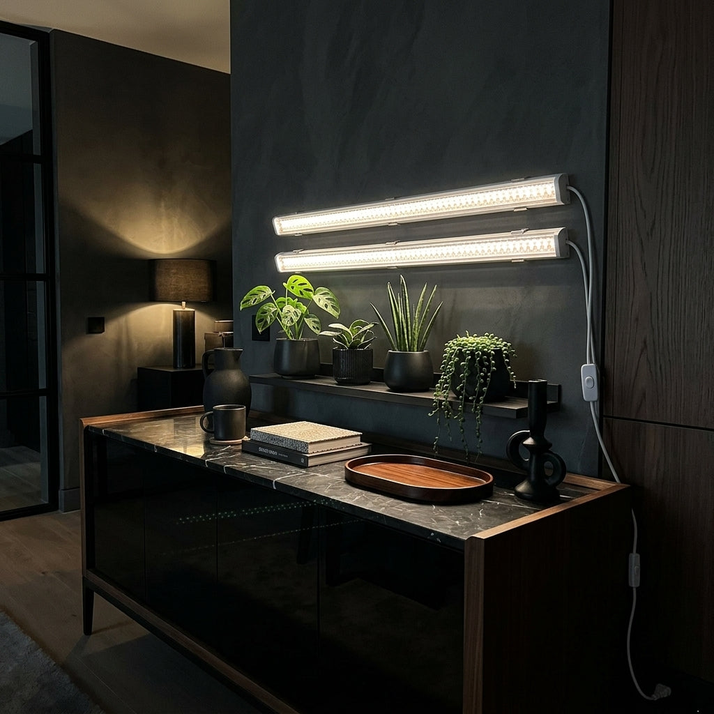 Verdant Canopy System | Architectural Full-Spectrum LED Grow Light Strips - dark modern luxury interior