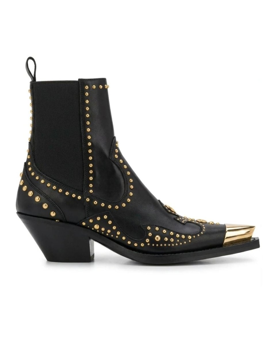 Black Leather Western Ankle Boots - Metal Pointed Toe | Cowboy Booties with Block Heel & Stitching Detail