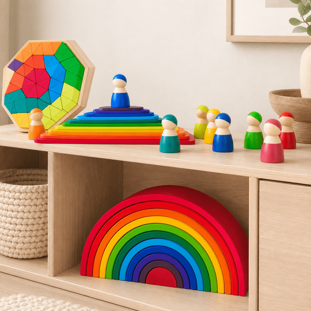 Large Wooden Rainbow Stacker Set – Montessori Wooden Building & Stacking Toy for Toddlers and Kids