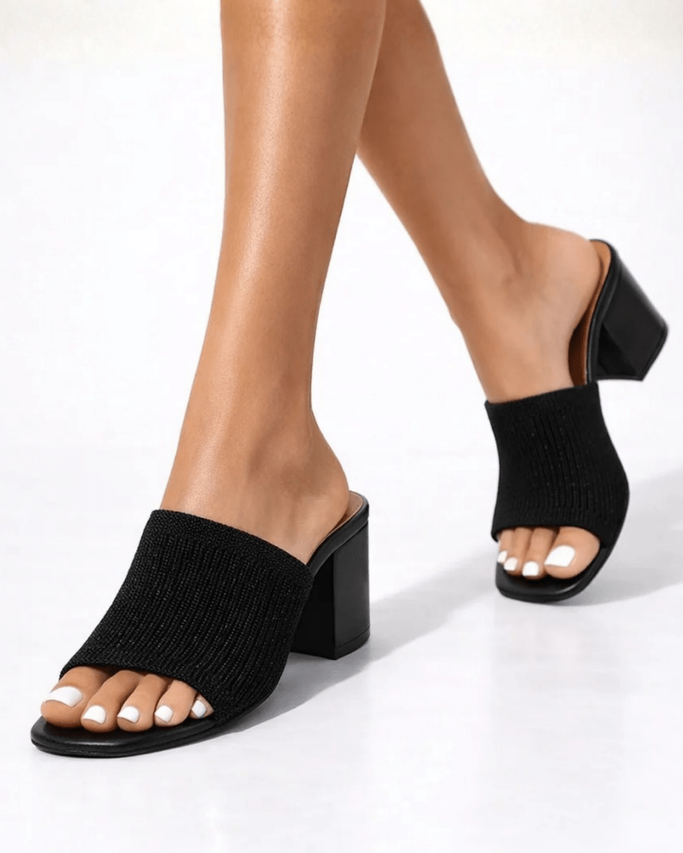Women's Ribbed Knit Block Heel Mules Square Toe Slide Sandals Comfortable Mid Heel Slip-On Backless Dress Shoes Fenlo Form