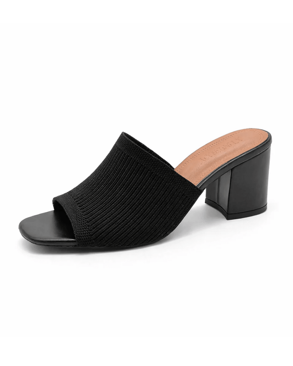 Women's Ribbed Knit Block Heel Mules Square Toe Slide Sandals Comfortable Mid Heel Slip-On Backless Dress Shoes Fenlo Form