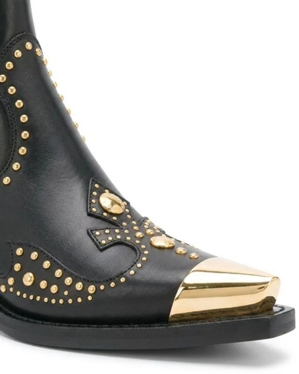 Black Leather Western Ankle Boots - Metal Pointed Toe | Cowboy Booties with Block Heel & Stitching Detail