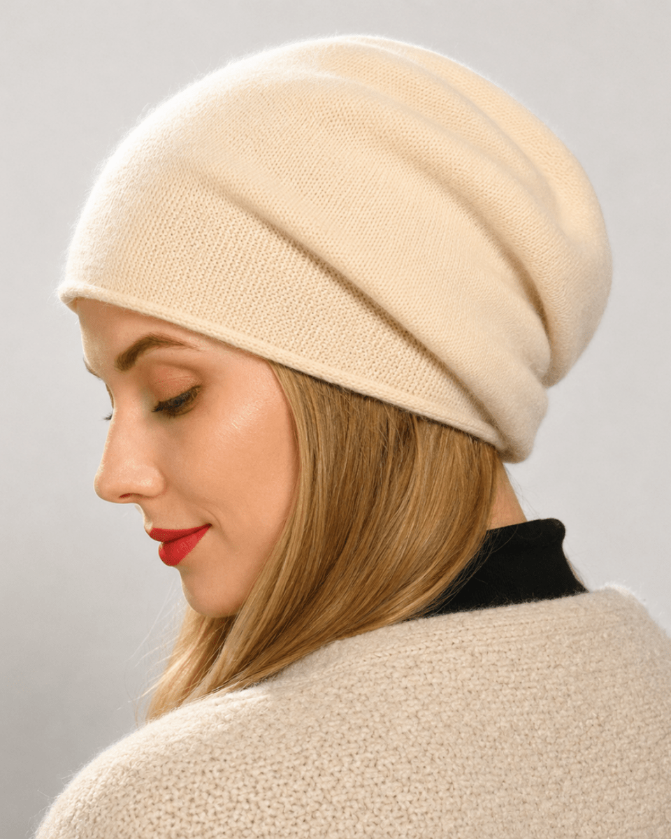 Pure Cashmere Slouchy Beanie Unisex Winter Hat Soft Designer Knit Cap Premium Oversized Warm Skully Headwear Accessories Fenlo Form