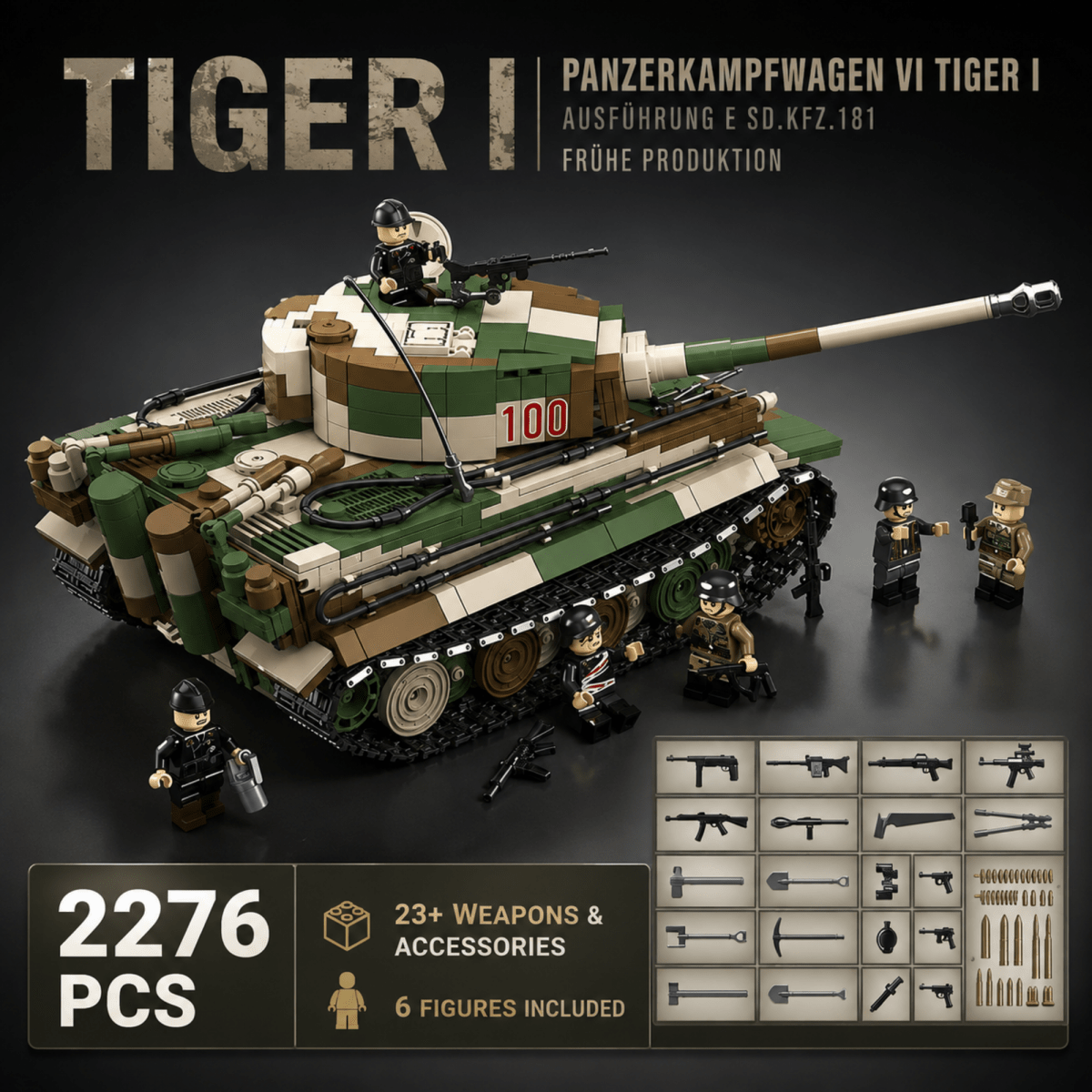 Tiger 1 Tank Building Set (Tan) | 1361 Pieces | WWII Military Brick Model