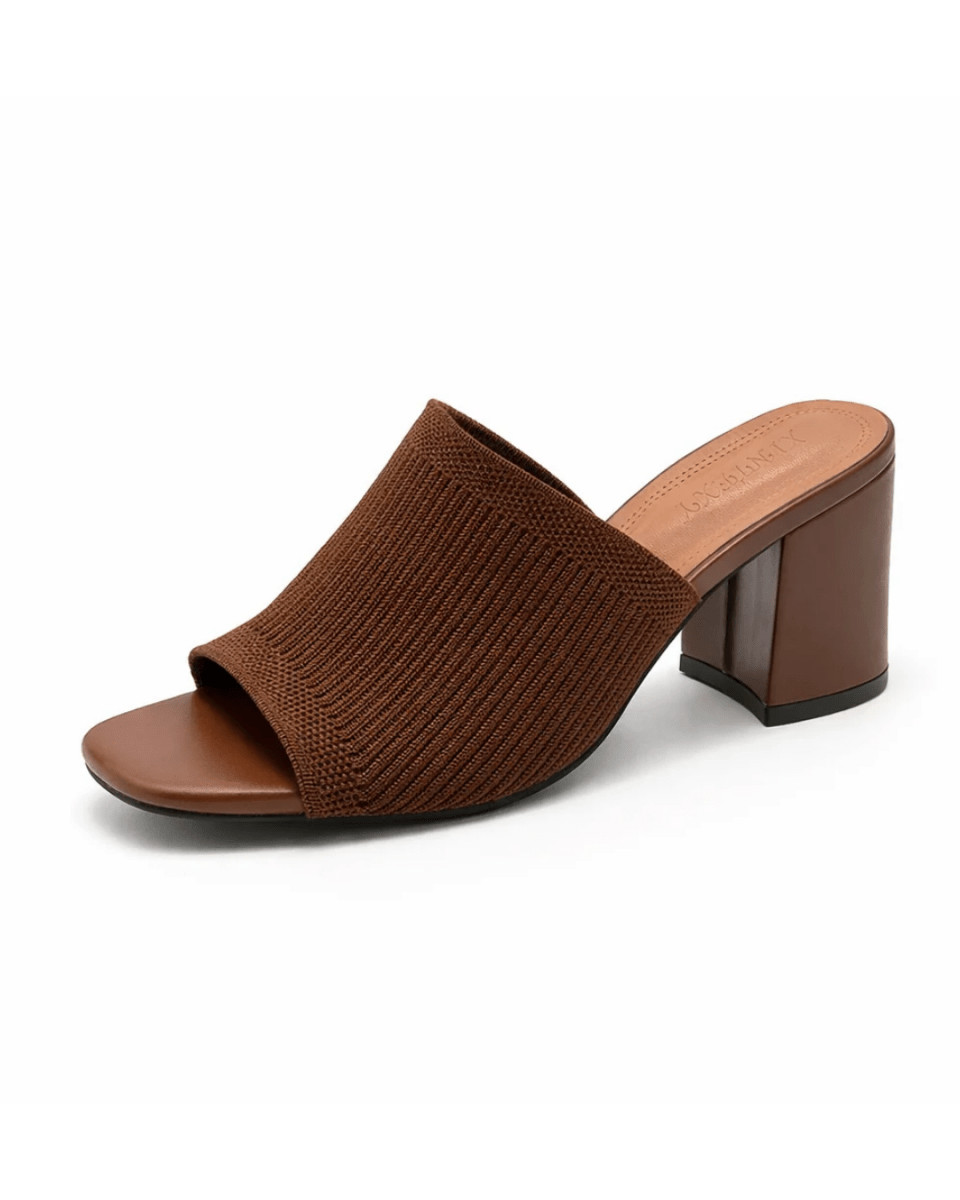 Women's Ribbed Knit Block Heel Mules Square Toe Slide Sandals Comfortable Mid Heel Slip-On Backless Dress Shoes Fenlo Form