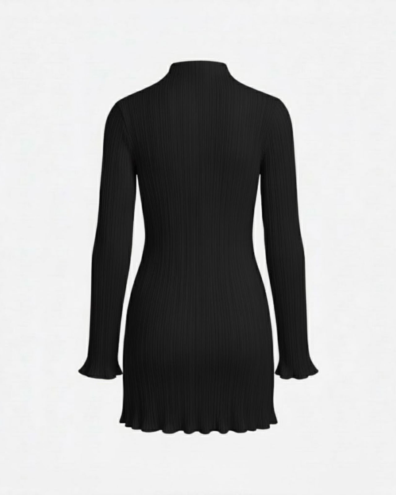 Back product shot of the Agathe black mock neck mini dress, showing the vertical ribbing and silhouette.