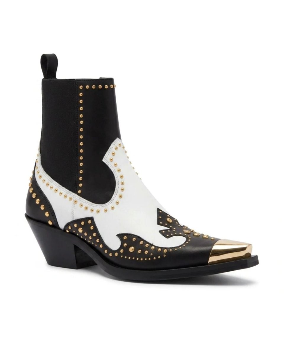 Black Leather Western Ankle Boots - Metal Pointed Toe | Cowboy Booties with Block Heel & Stitching Detail