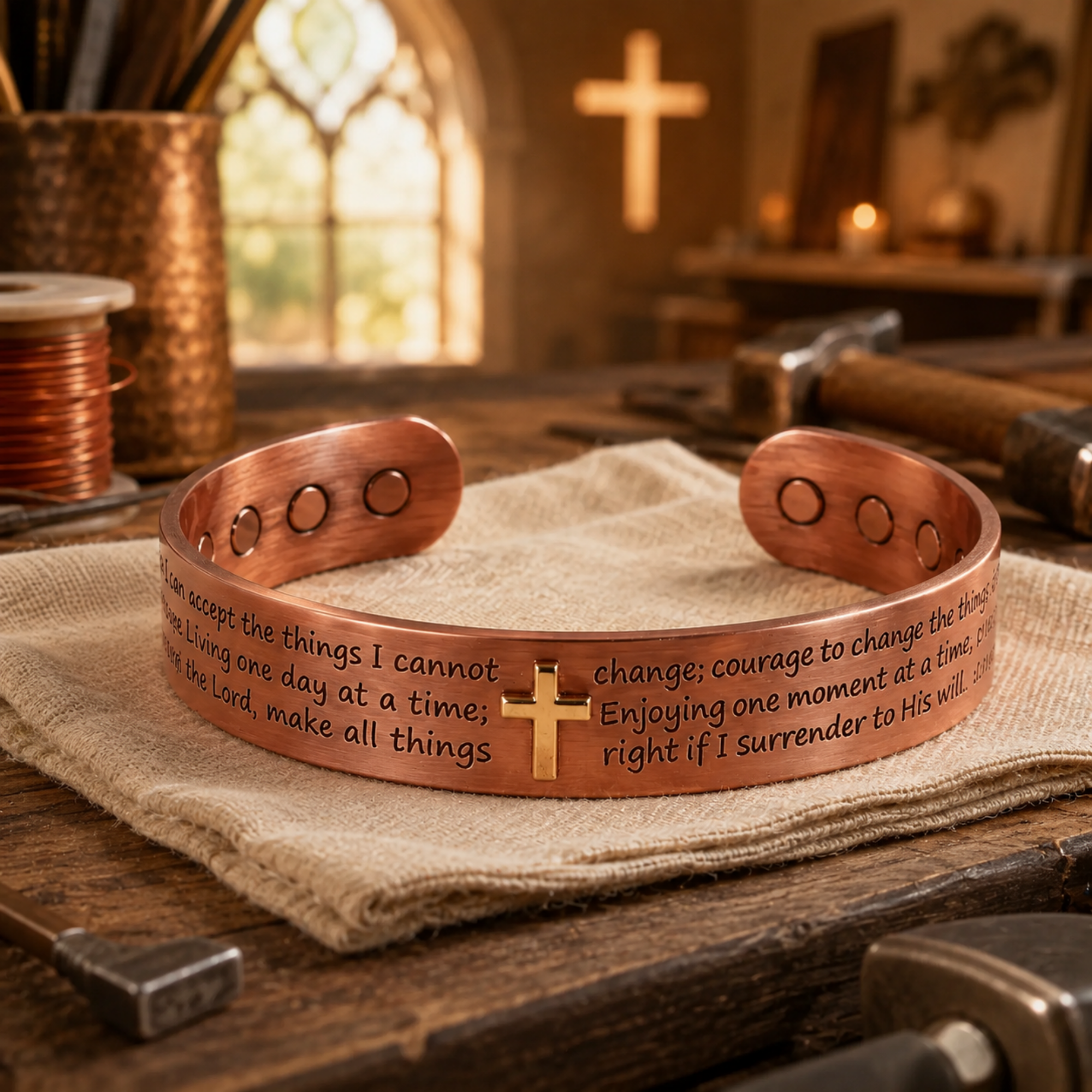 Copper Cross bracelet Serenity Prayer Copper Magnetic Therapy Bracelet Gold Cross Cuff | Arthritis Relief Inspirational Christian Religious Healing Jewelry Gift By Fenlo Form