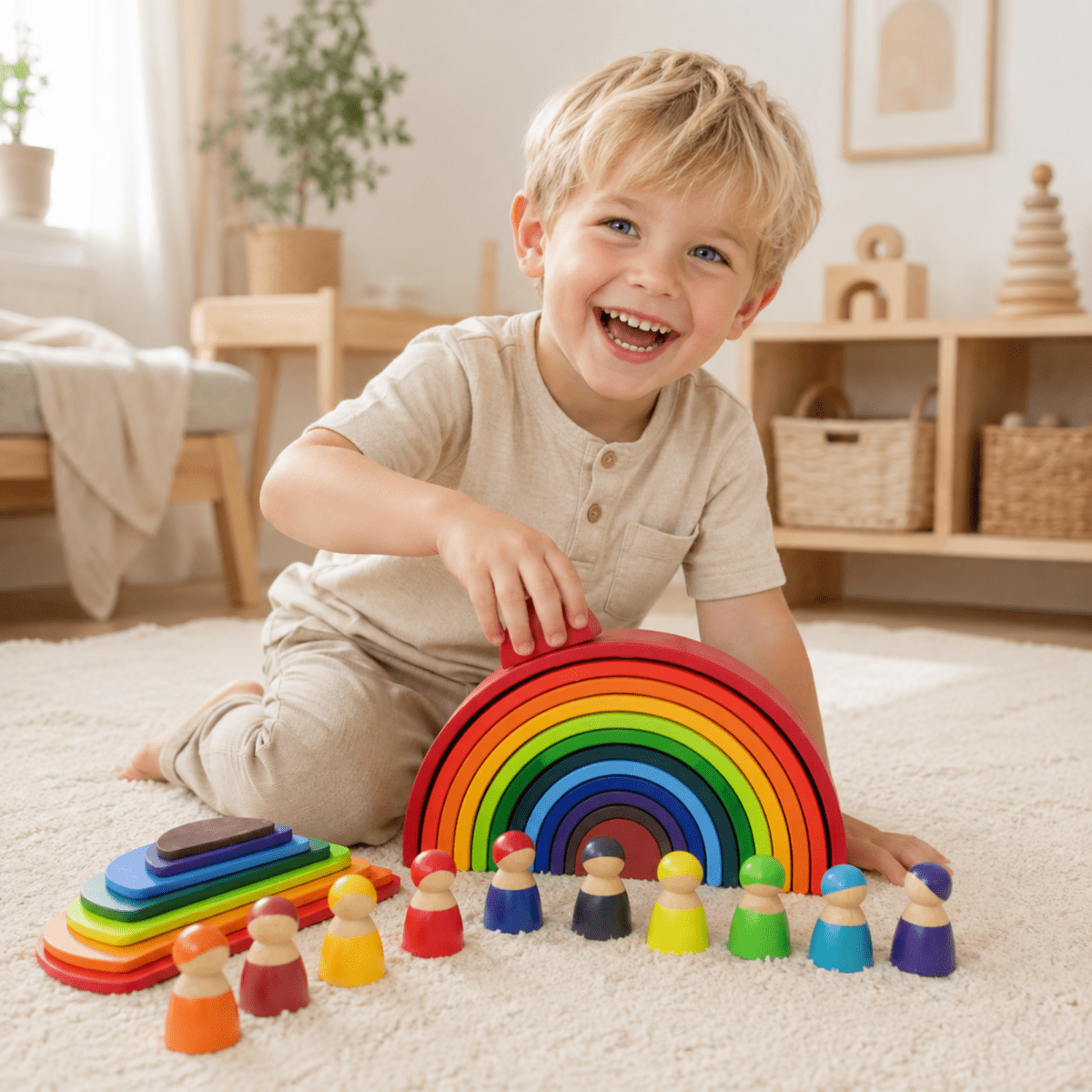 Large Wooden Rainbow Stacker Set – Montessori Wooden Building & Stacking Toy for Toddlers and Kids