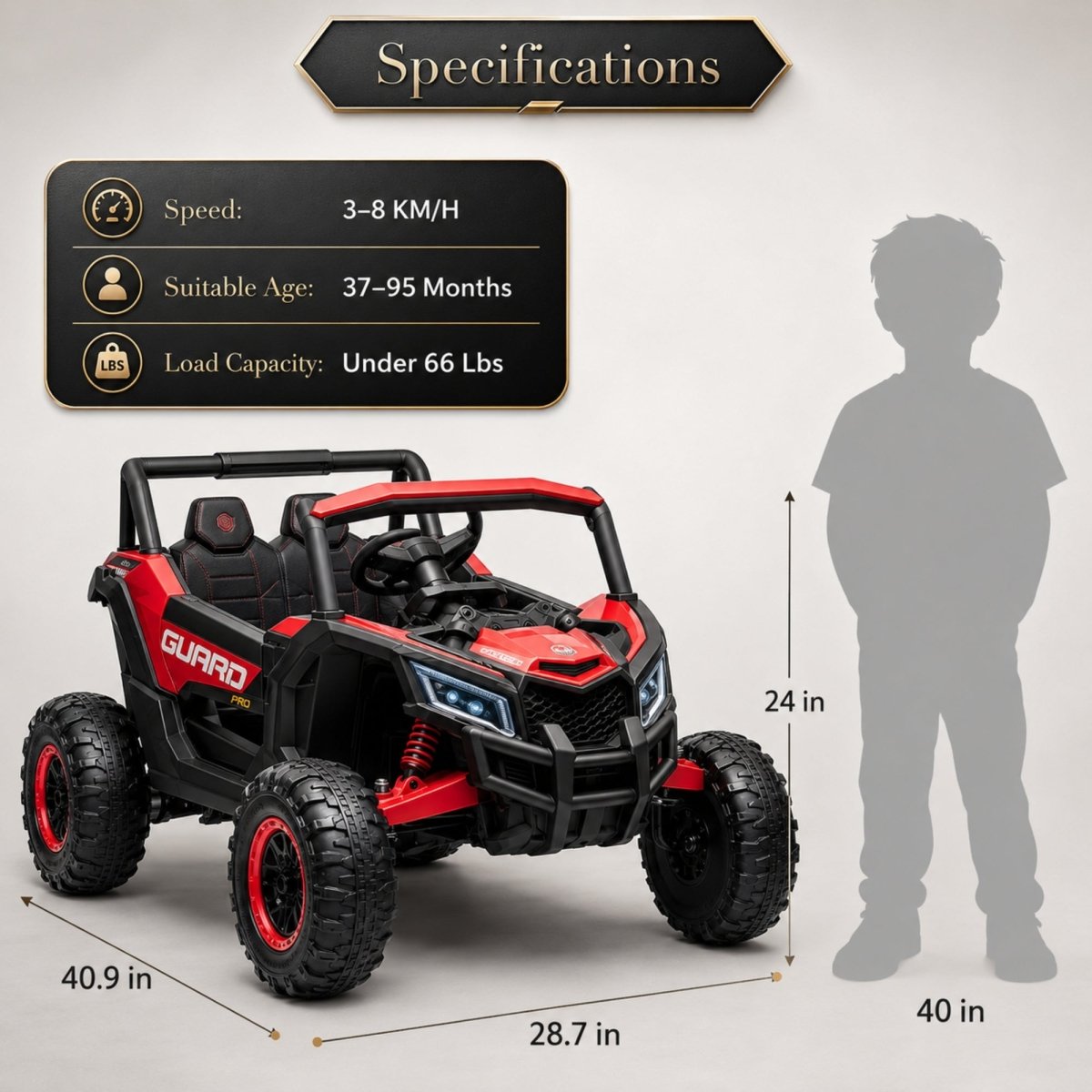 Sizing chart for a kids' Guard Pro ride-on UTV showing a length of 40.9 inches, width of 28.7 inches, height of 24 inches, and a load capacity under 66 lbs for ages 37 to 95 months.