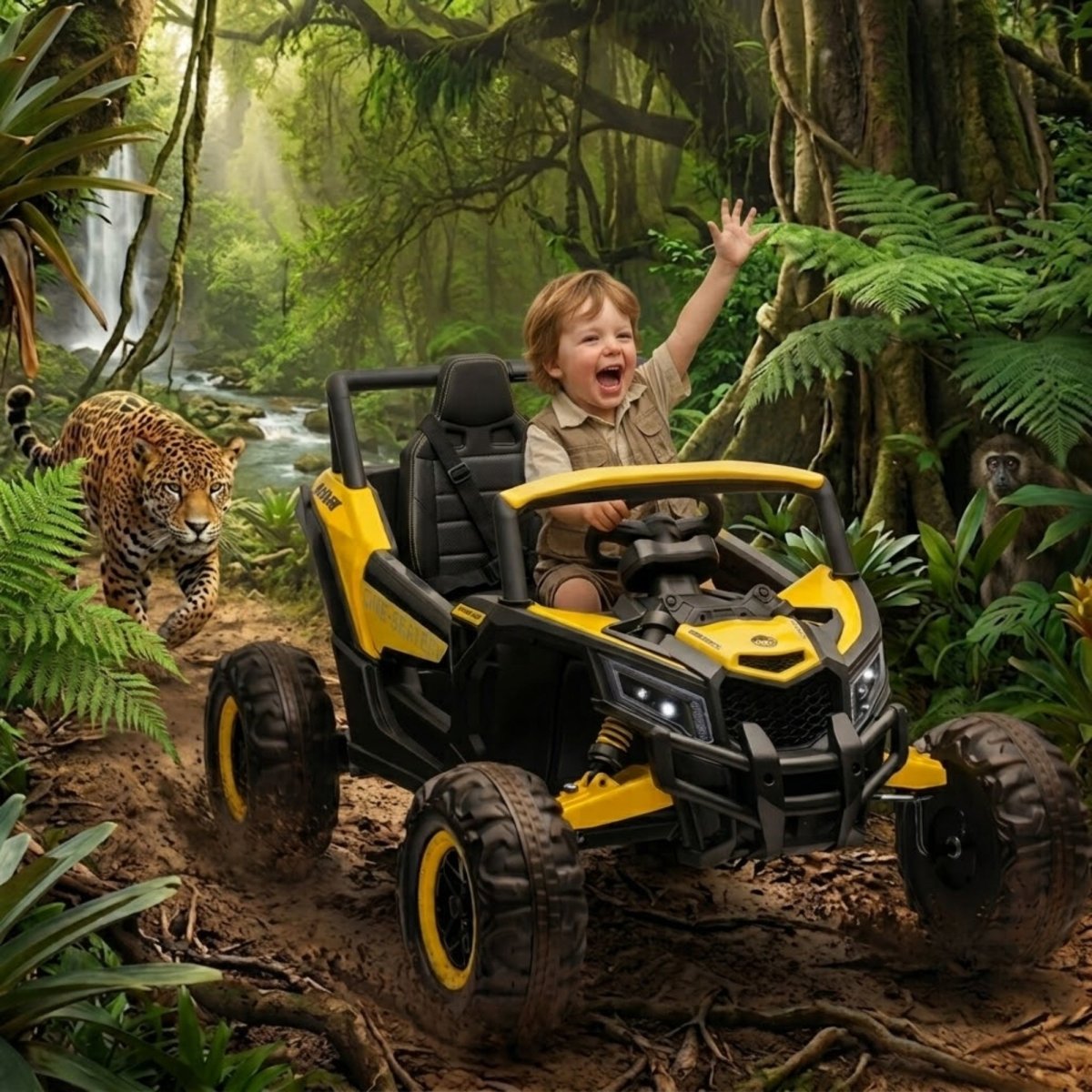 Two smiling young boys driving a yellow 24V kids' ride-on UTV through a lush green jungle setting with a jaguar in the background.