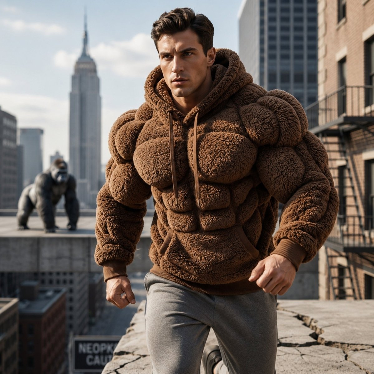Black Kouvr Titan Sherpa Muscle Hoodie featuring a padded six-pack design.