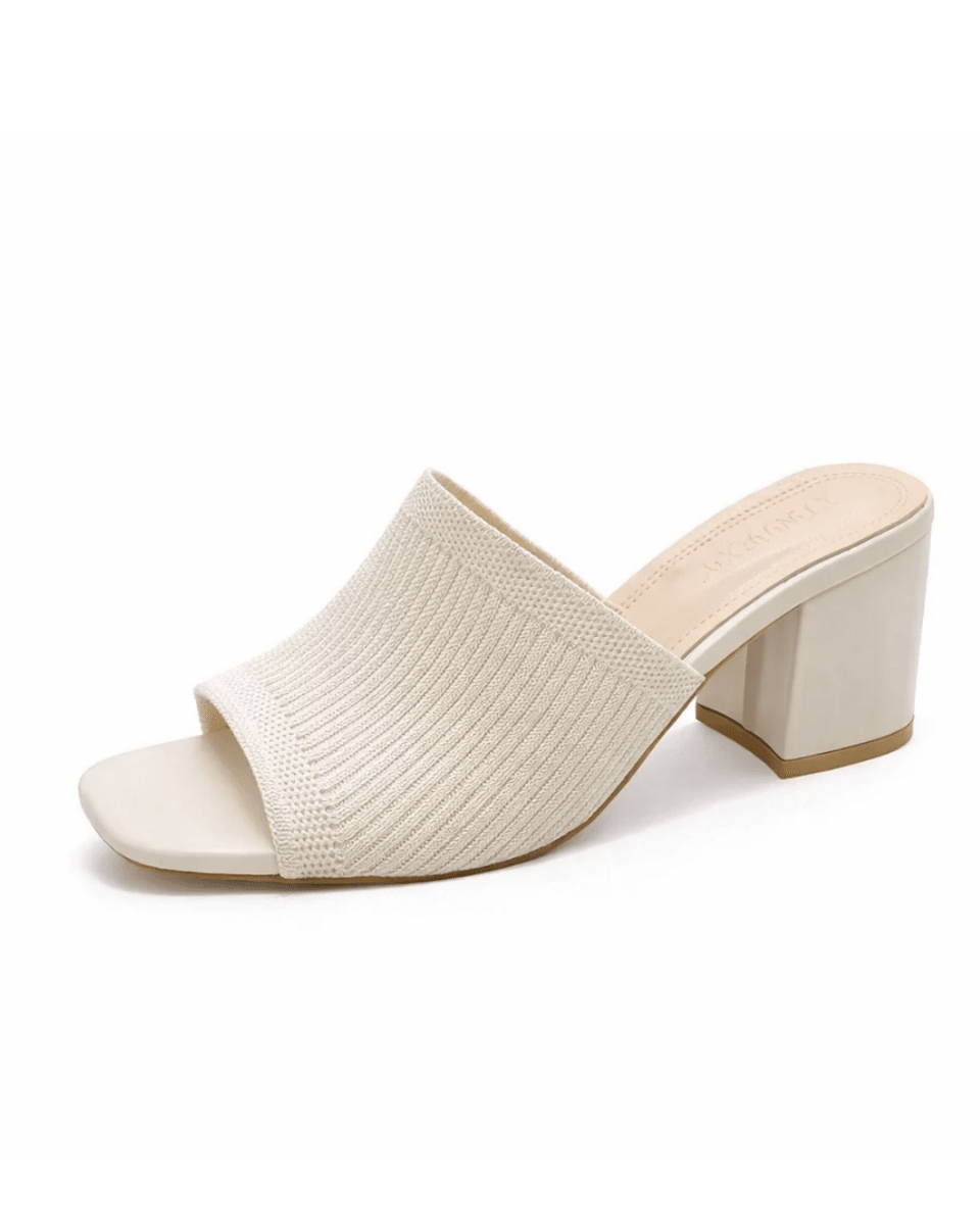Women's Ribbed Knit Block Heel Mules Square Toe Slide Sandals Comfortable Mid Heel Slip-On Backless Dress Shoes Fenlo Form