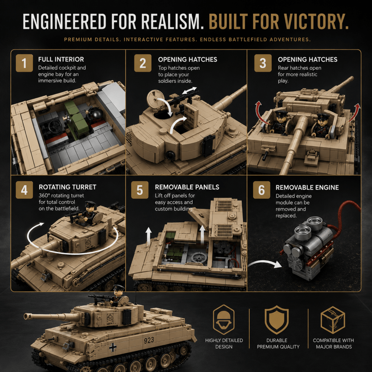 Tiger 1 Tank Building Set (Tan) | 1361 Pieces | WWII Military Brick Model