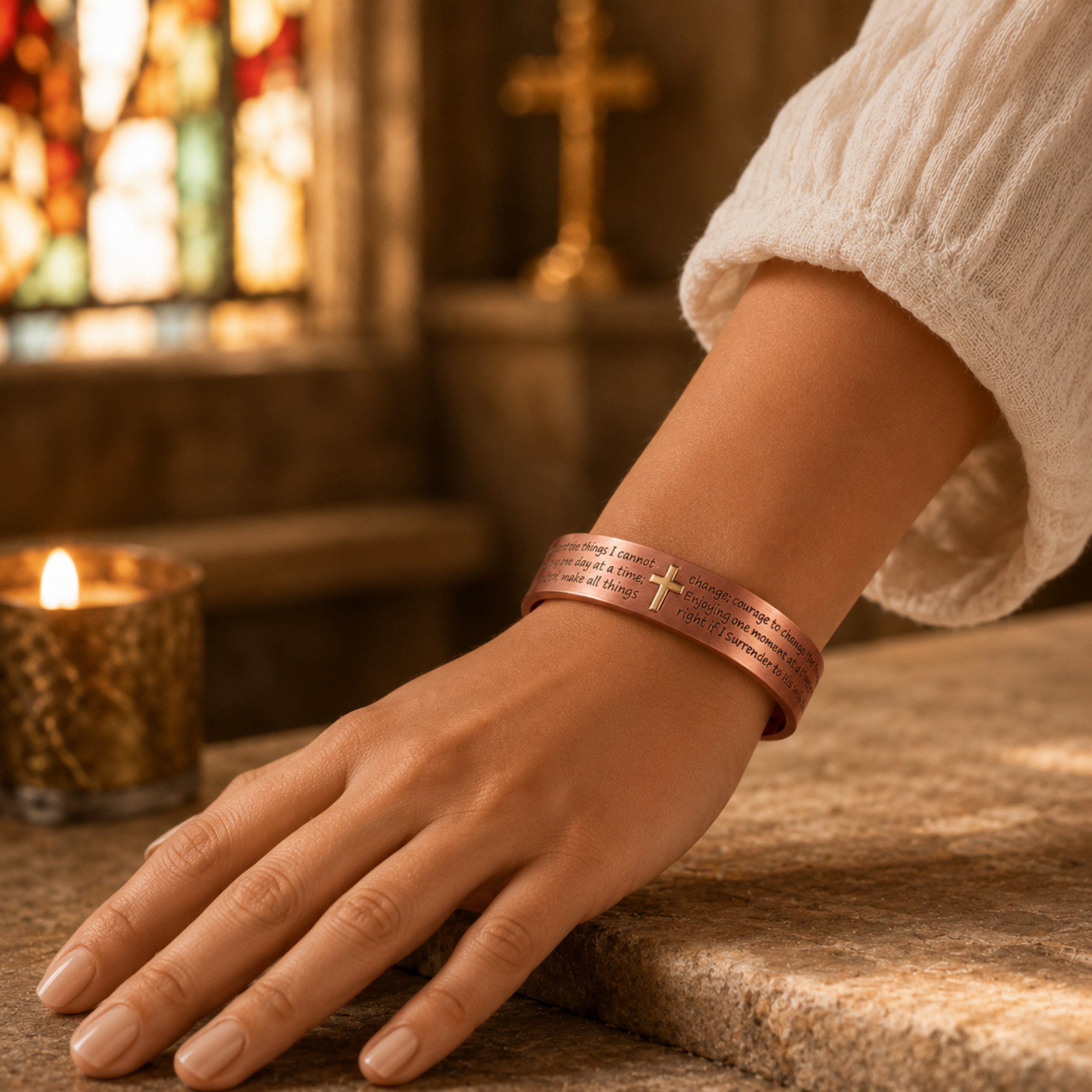 Copper Cross bracelet Serenity Prayer Copper Magnetic Therapy Bracelet Gold Cross Cuff | Arthritis Relief Inspirational Christian Religious Healing Jewelry Gift By Fenlo Form