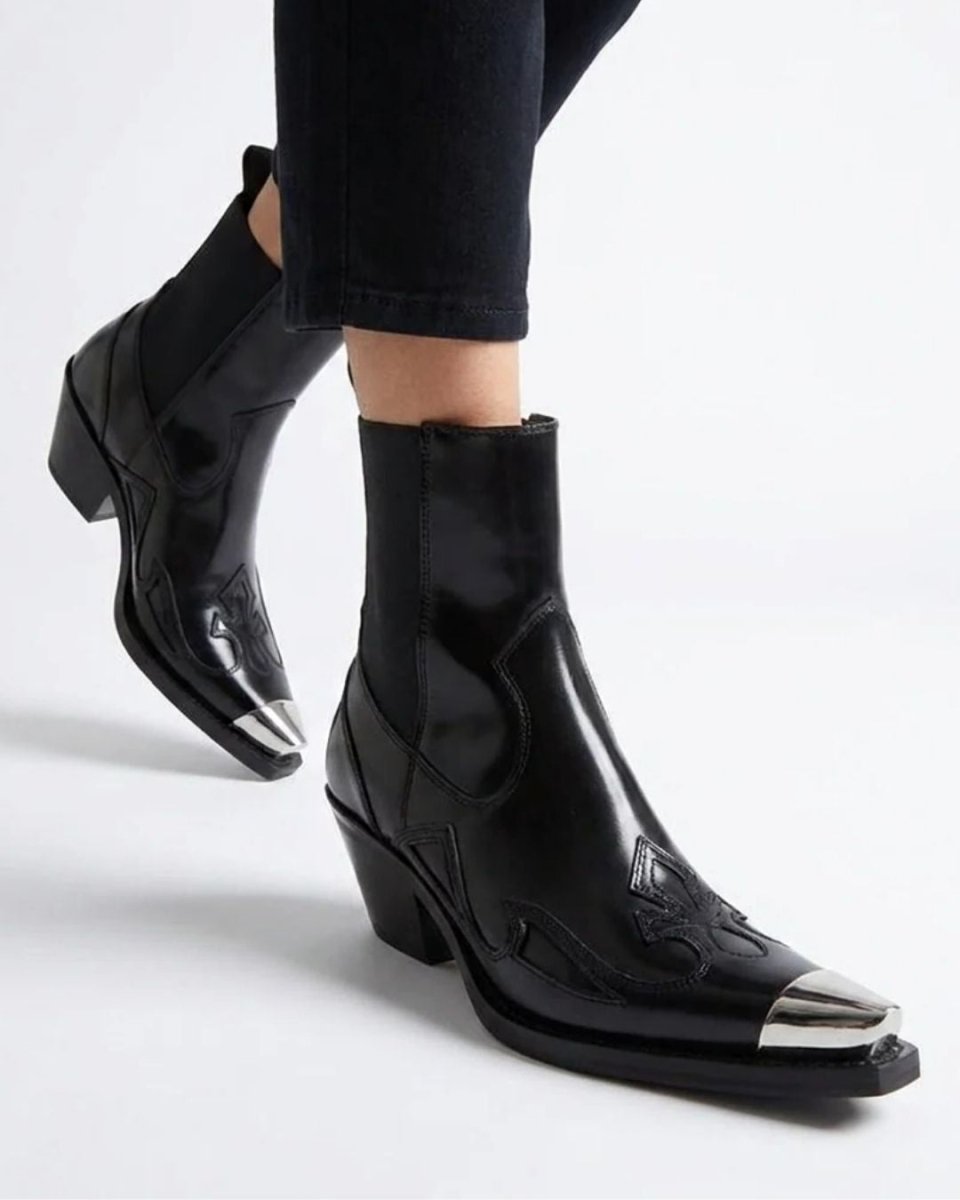 Black Leather Western Ankle Boots - Metal Pointed Toe | Cowboy Booties with Block Heel & Stitching Detail
